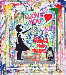 Balloon Girl by Mr. Brainwash - Stretched Canvas with Vandalised Frame sized 29x33 inches. Available from Whitewall Galleries